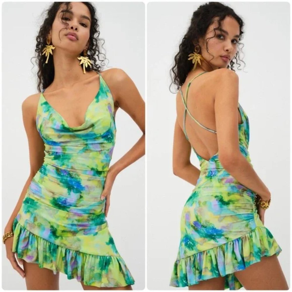 For Love & Lemons Aster Green Floral Cascade Mini Dress NWT - Picture 5 of 9